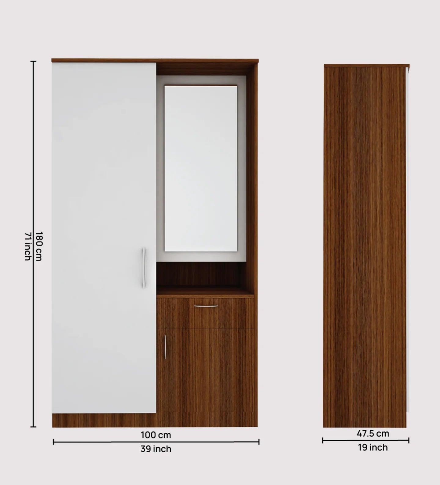 Small Wardrobe cum Dresser | Walnut and Frosty White Without Mirror