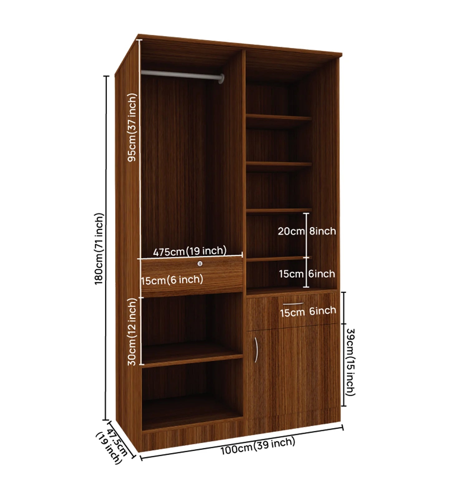 Small Wardrobe cum Dresser | Walnut and Frosty White Without Mirror
