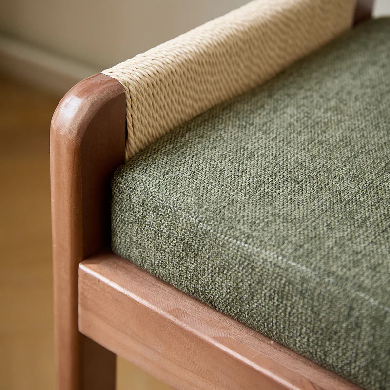 AHKA - Solid Wood and Green Fabric Bench
