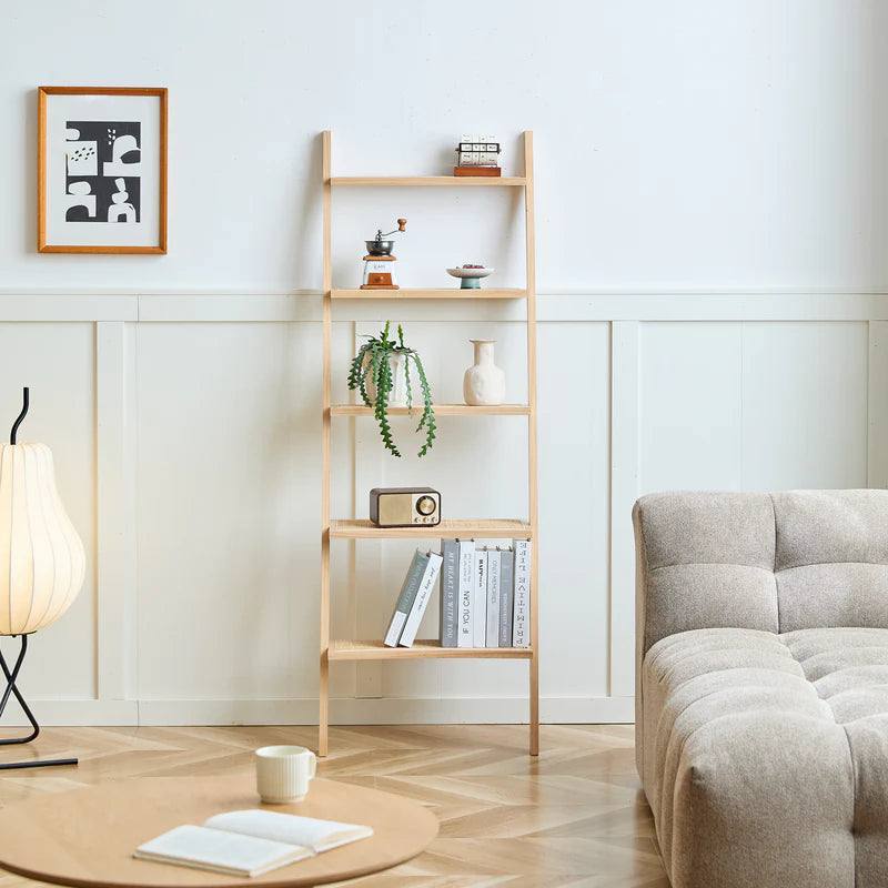 5-Tier Ladder Wall Shelf in Solid Wood and Rattan