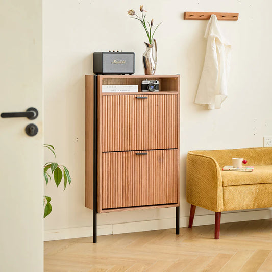 2-Drawer Shoe Cabinet in Walnut Wood and Metal