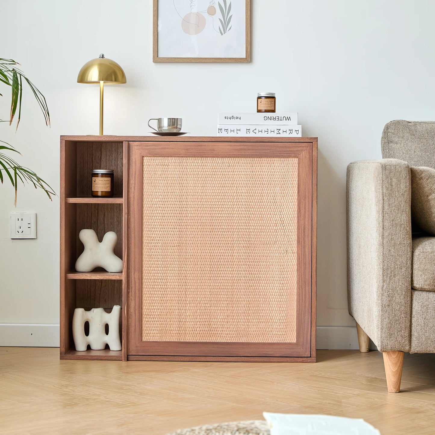 Storage Cabinet with Desk Shelf in Walnut Wood and Rattan