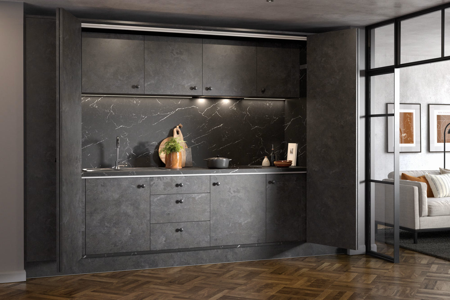 Hideaway Elements Kitchen in Metallic Night