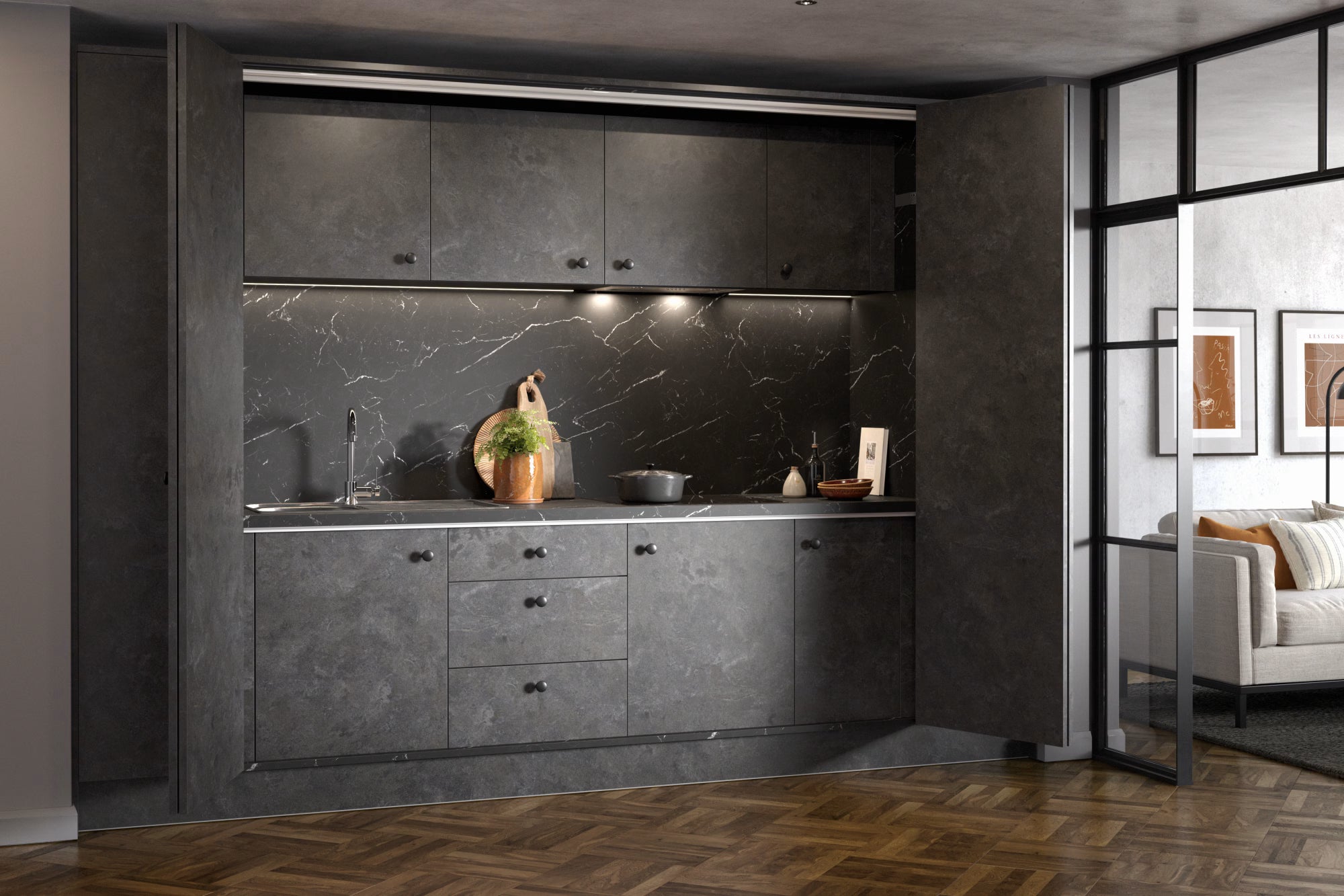 Hideaway Elements Kitchen in Metallic Night