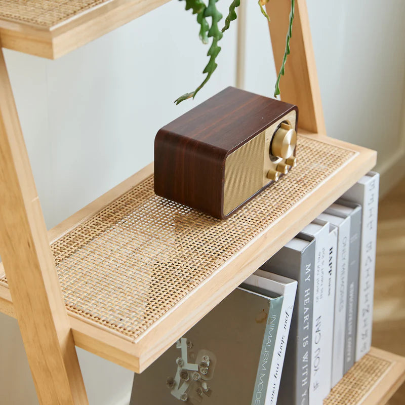 5-Tier Ladder Wall Shelf in Solid Wood and Rattan