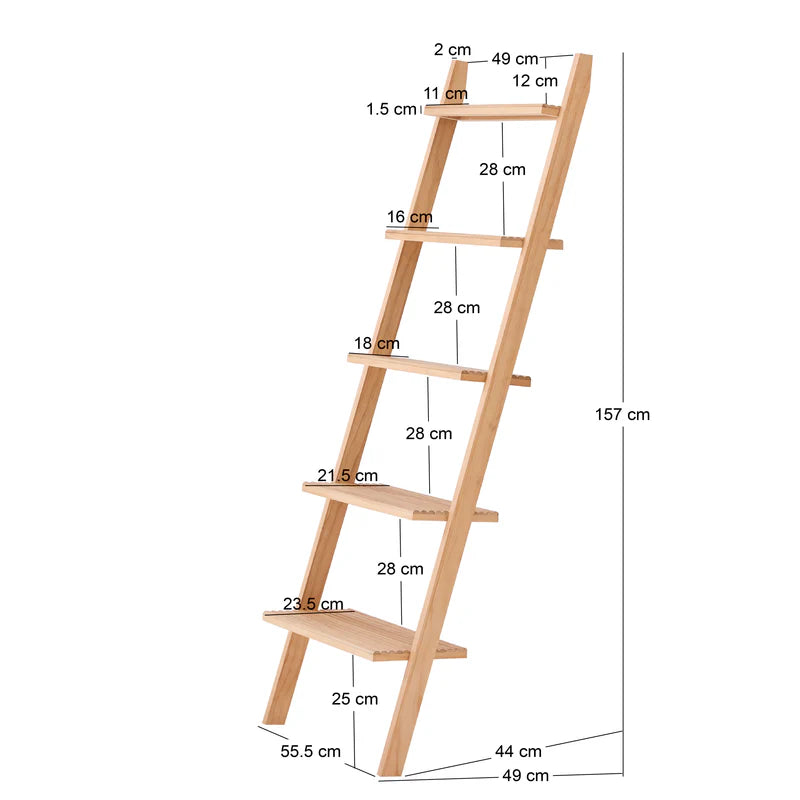 5-Tier Ladder Wall Shelf in Solid Wood and Rattan