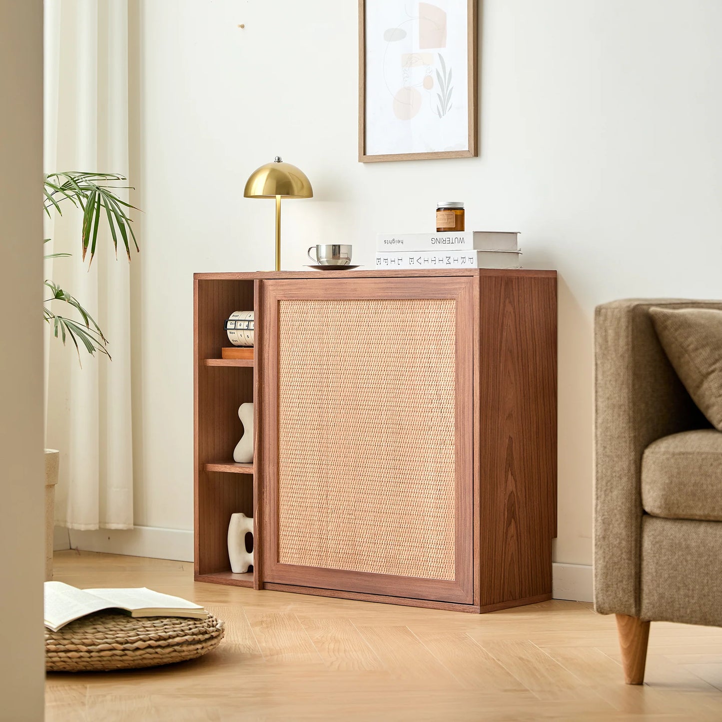 Storage Cabinet with Desk Shelf in Walnut Wood and Rattan