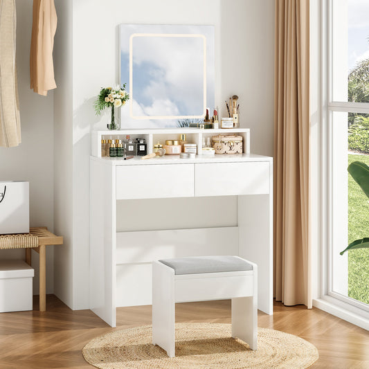 OmkarWood Premium LED Dressing Table with Touch Mirror & Storage – White Finish