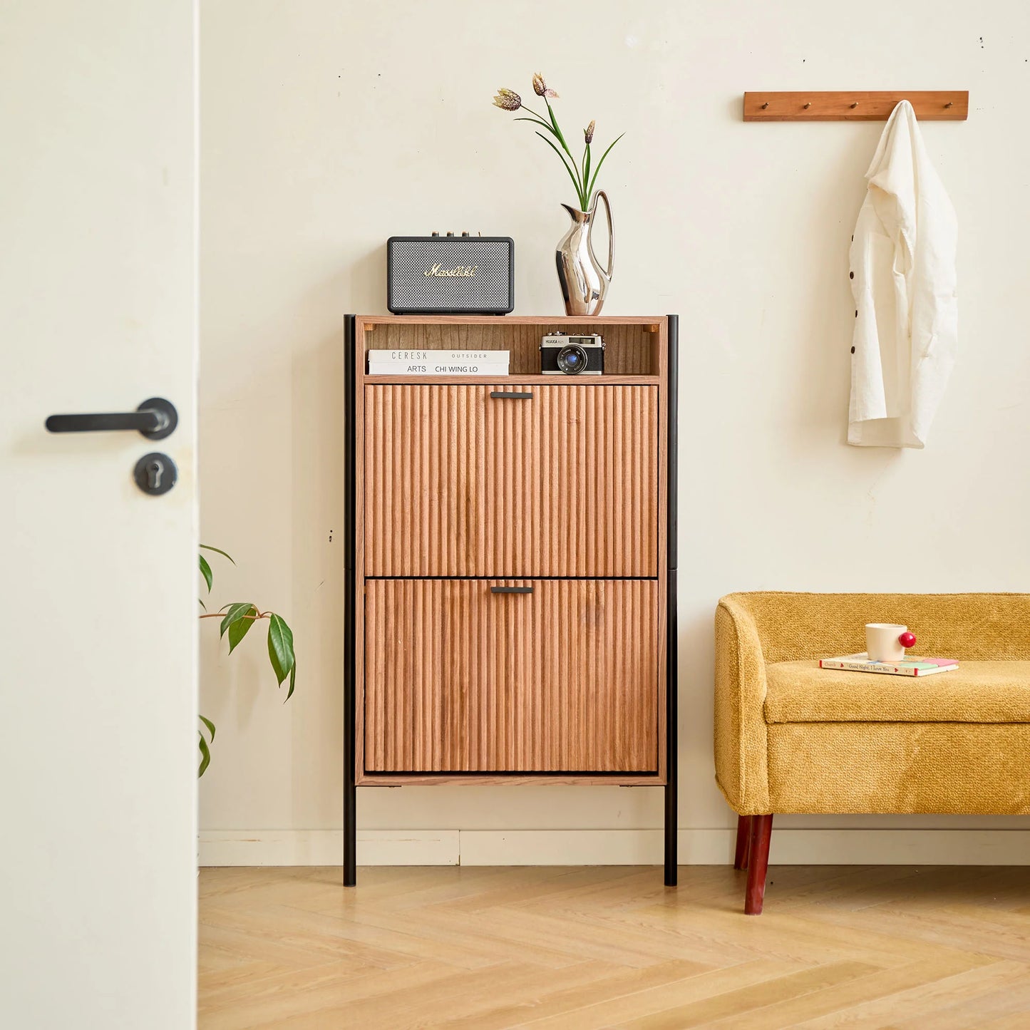 2-Drawer Shoe Cabinet in Walnut Wood and Metal