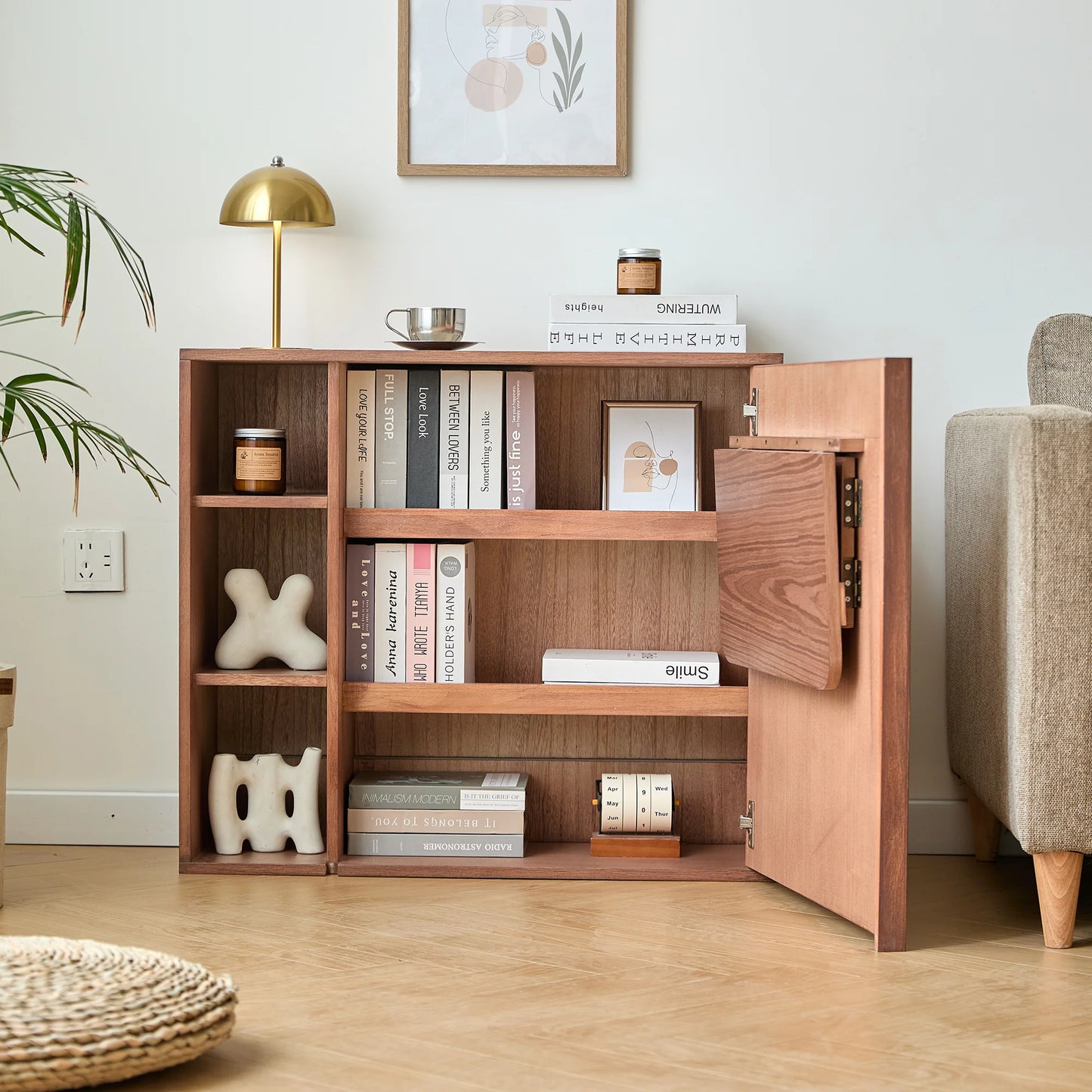 Storage Cabinet with Desk Shelf in Walnut Wood and Rattan
