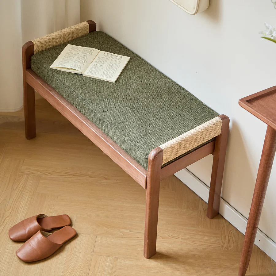 AHKA - Solid Wood and Green Fabric Bench