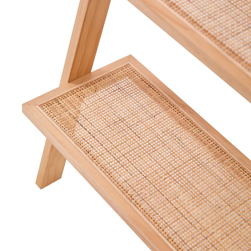 5-Tier Ladder Wall Shelf in Solid Wood and Rattan