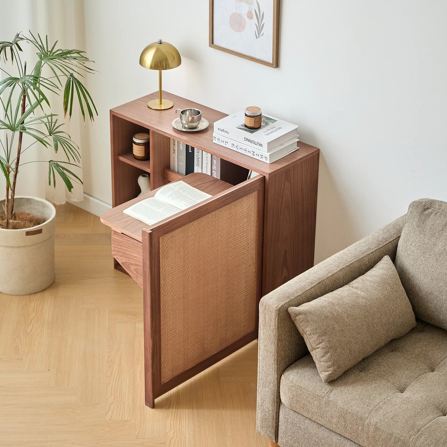 Storage Cabinet with Desk Shelf in Walnut Wood and Rattan