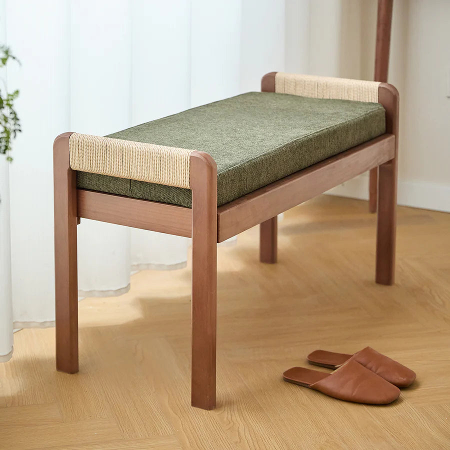 AHKA - Solid Wood and Green Fabric Bench
