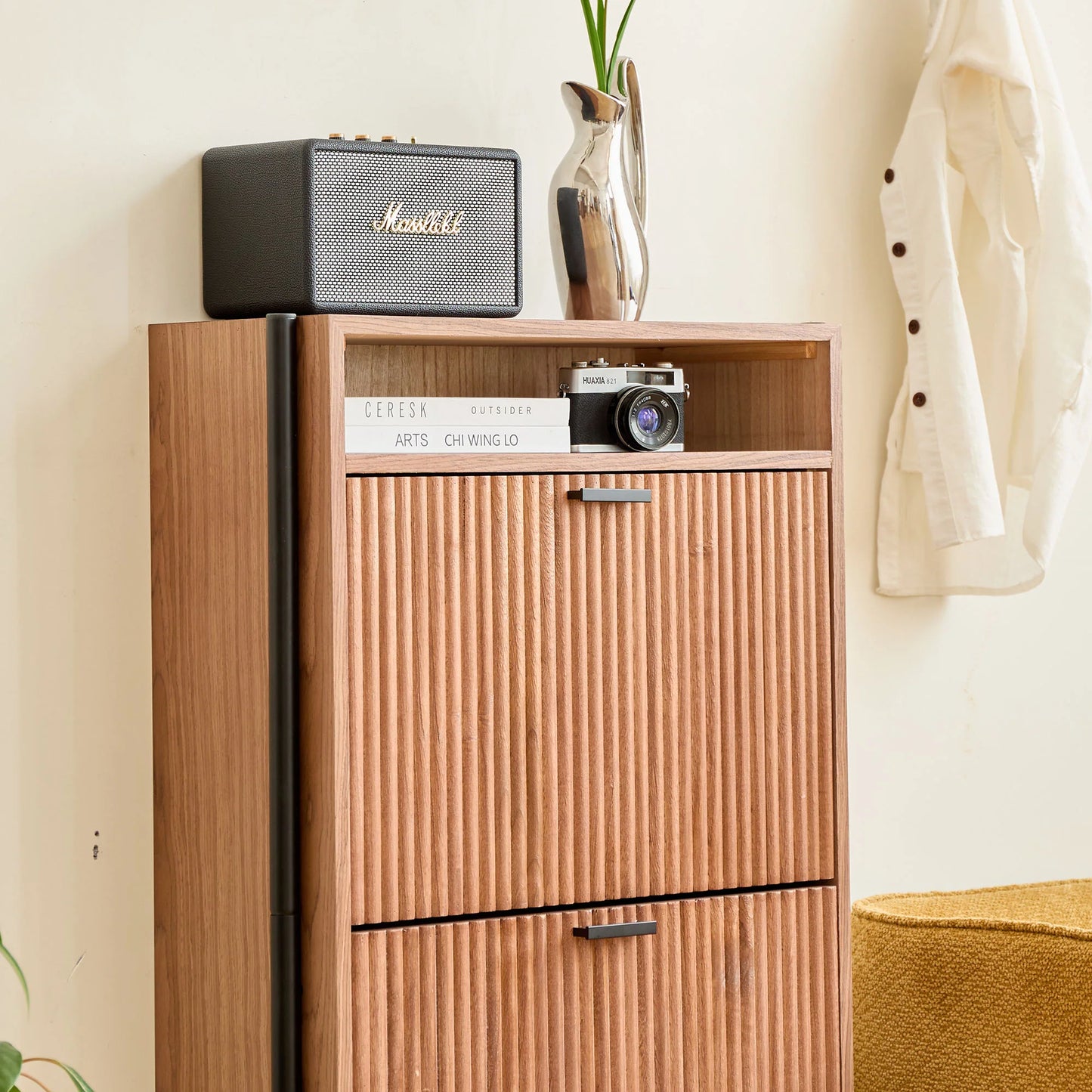 2-Drawer Shoe Cabinet in Walnut Wood and Metal