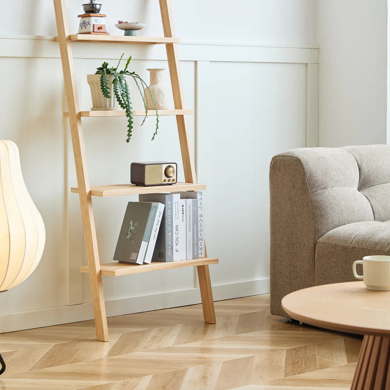 5-Tier Ladder Wall Shelf in Solid Wood and Rattan