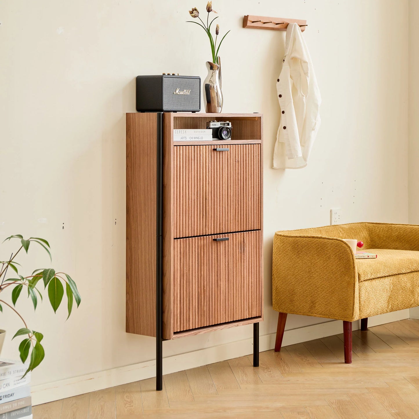 2-Drawer Shoe Cabinet in Walnut Wood and Metal