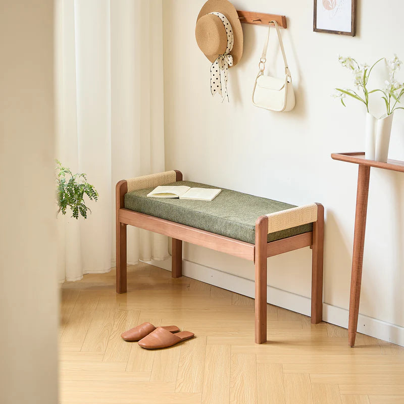 AHKA - Solid Wood and Green Fabric Bench