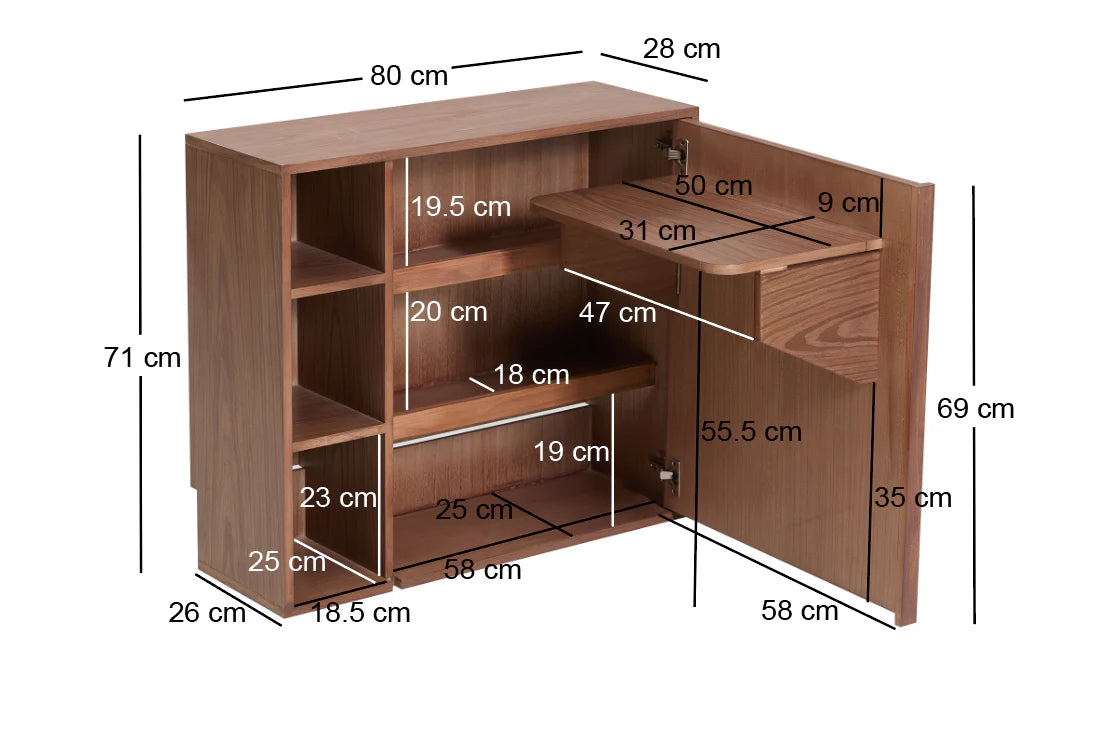Storage Cabinet with Desk Shelf in Walnut Wood and Rattan
