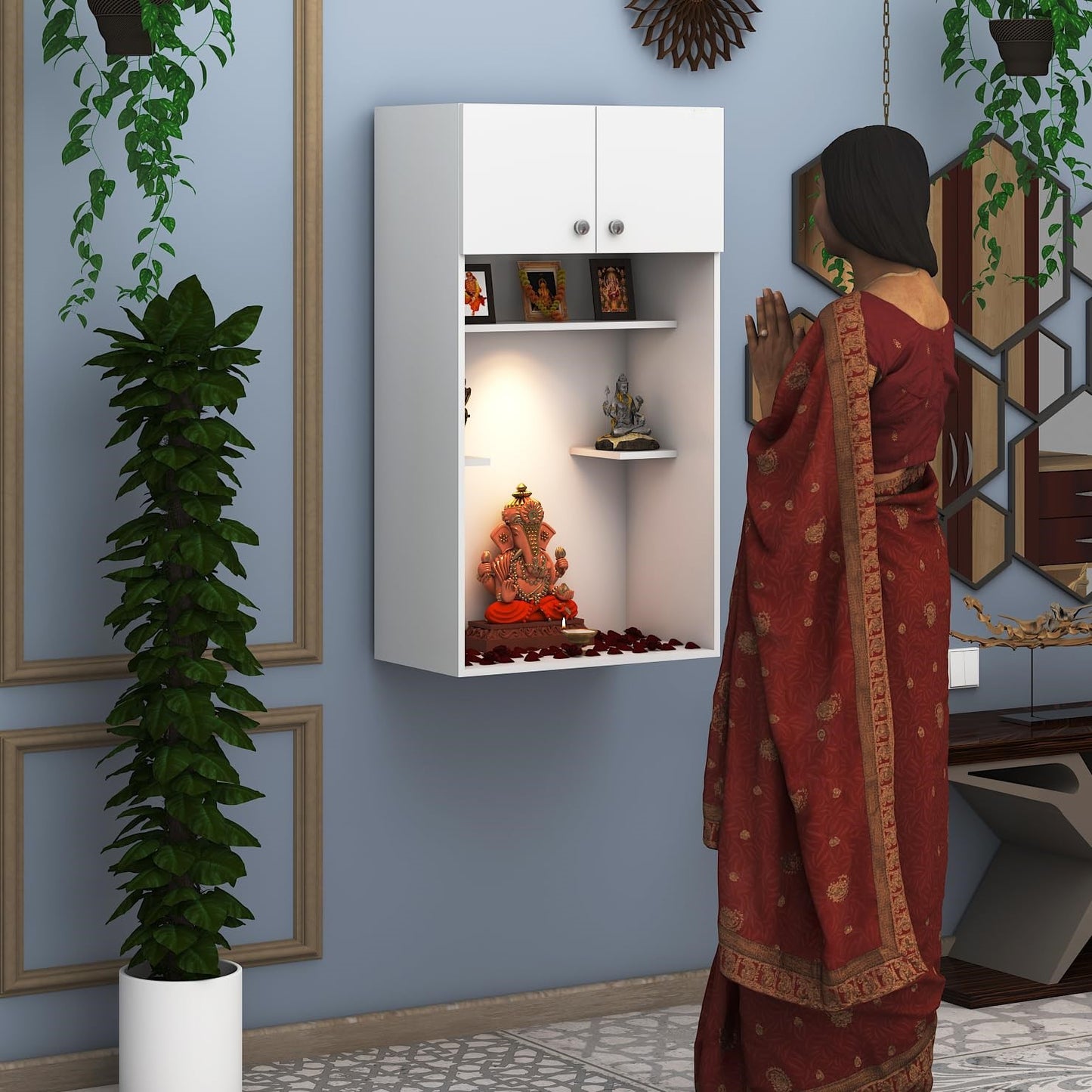 OmkarWood™ Premium Large Engineered Wood Home Temple with Storage