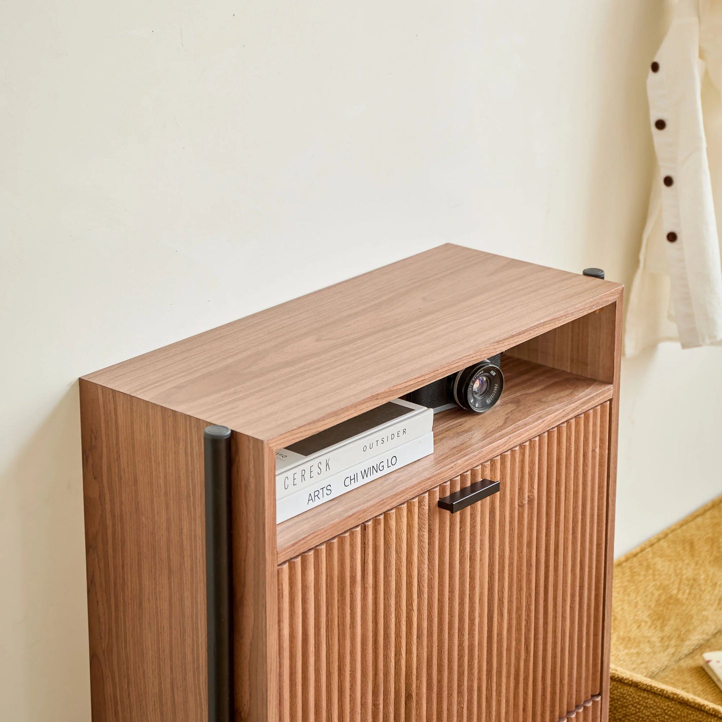 2-Drawer Shoe Cabinet in Walnut Wood and Metal