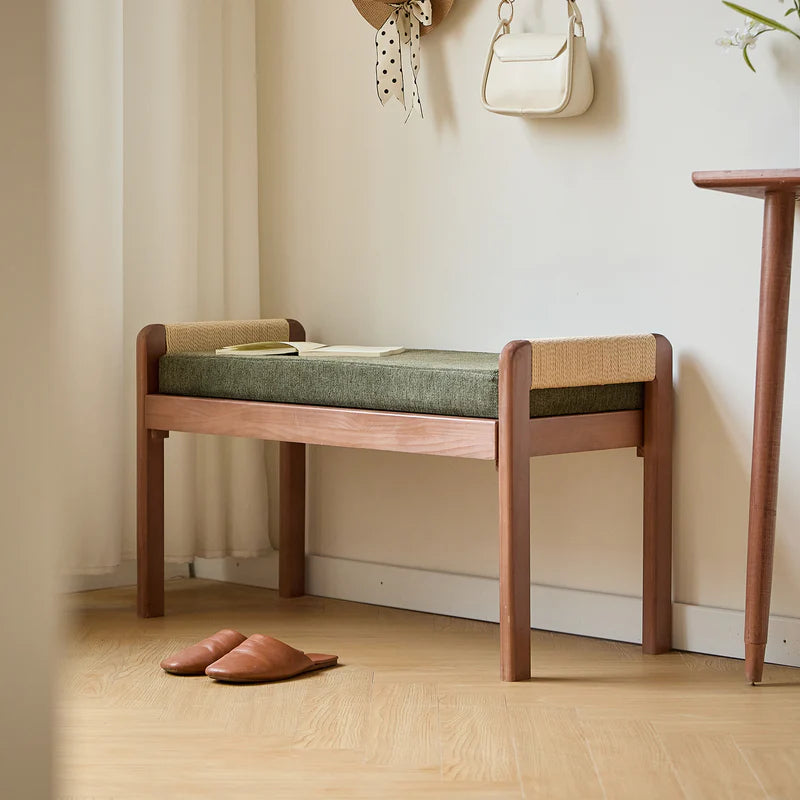 AHKA - Solid Wood and Green Fabric Bench