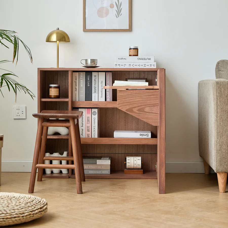 Storage Cabinet with Desk Shelf in Walnut Wood and Rattan