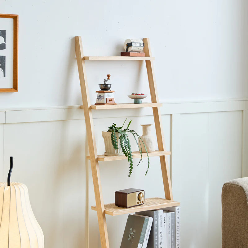 5-Tier Ladder Wall Shelf in Solid Wood and Rattan