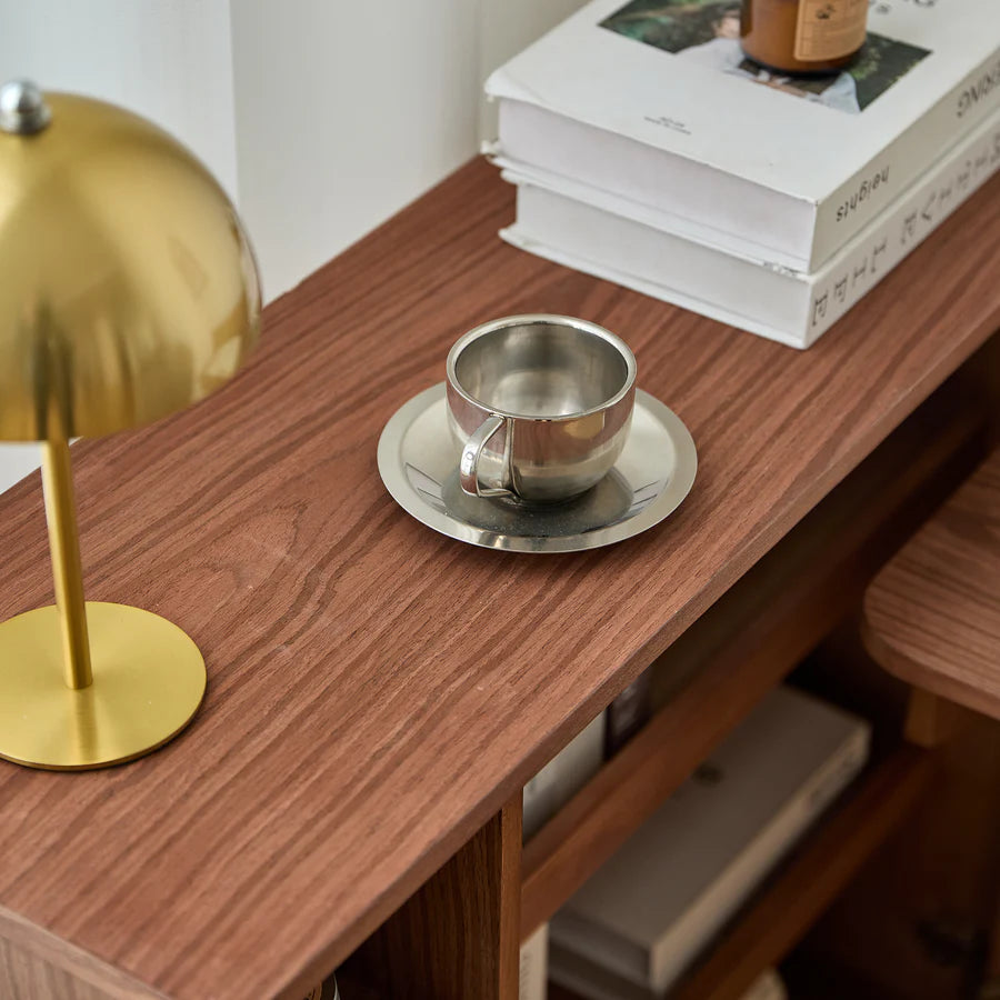 Storage Cabinet with Desk Shelf in Walnut Wood and Rattan
