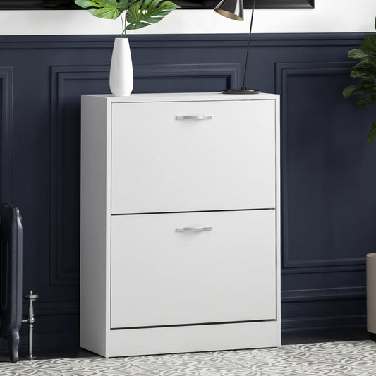 OmkarWood Flip-Down Shoe Cabinet – Compact 2-Door Storage for 8 Pairs (White Engineered Wood)