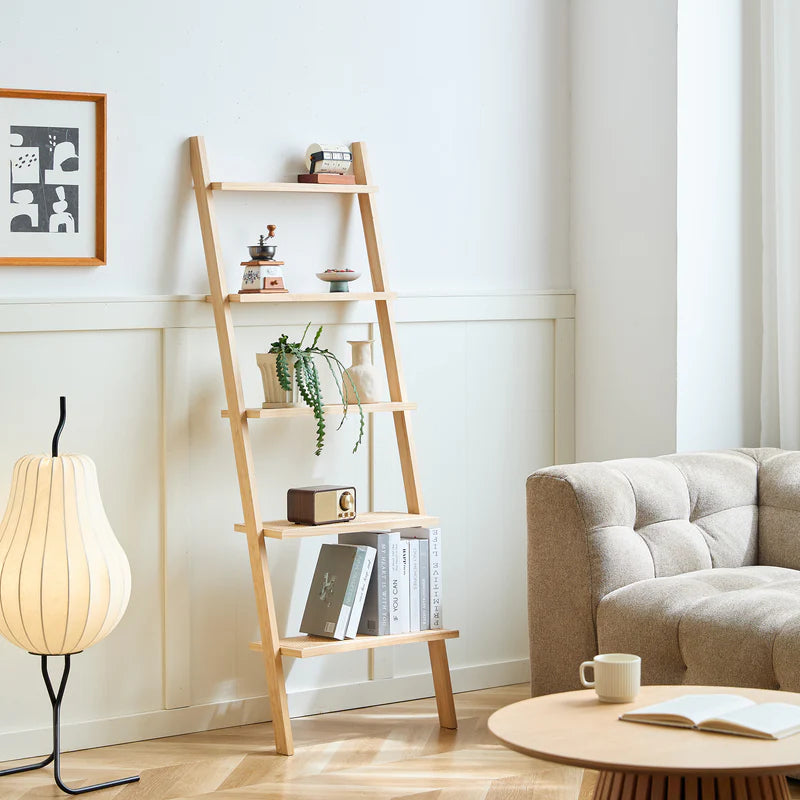 5-Tier Ladder Wall Shelf in Solid Wood and Rattan