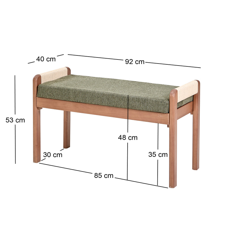AHKA - Solid Wood and Green Fabric Bench