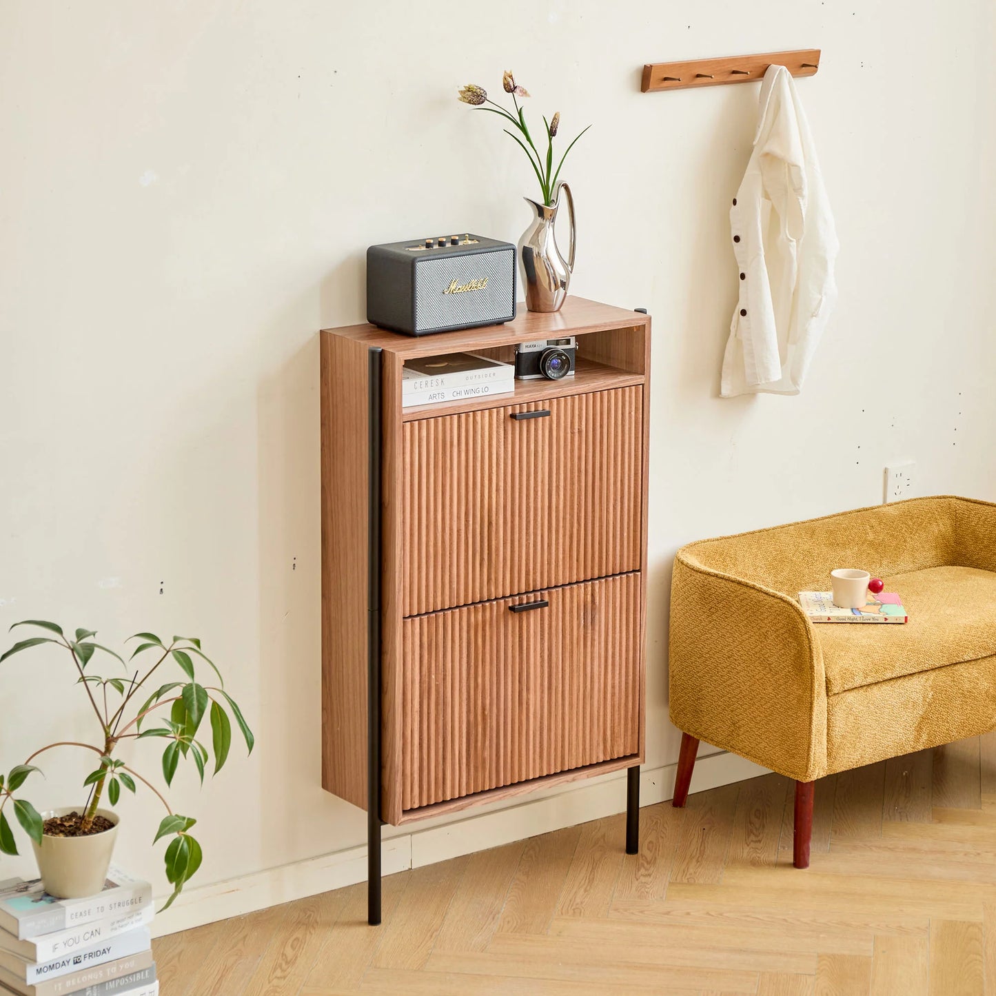 2-Drawer Shoe Cabinet in Walnut Wood and Metal