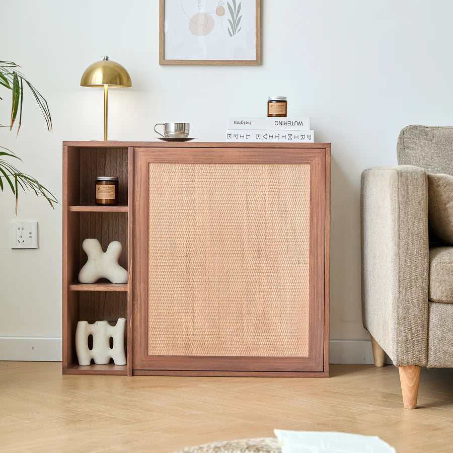 Storage Cabinet with Desk Shelf in Walnut Wood and Rattan