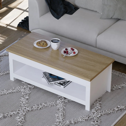 Omkarwood Beacsfield 2-Tier Coffee Table – White Base with Natural Oak Finish Top