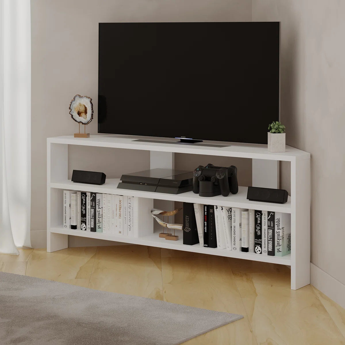 OmkarWood Vertex White Corner TV Stand – Premium Engineered Wood Unit for TVs up to 49"