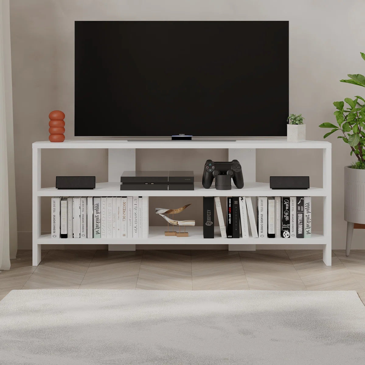 OmkarWood Vertex White Corner TV Stand – Premium Engineered Wood Unit for TVs up to 49"