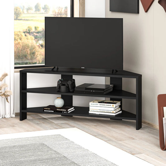 OmkarWood Vertex Black Corner TV Stand – Premium Engineered Wood Unit for TVs up to 49"