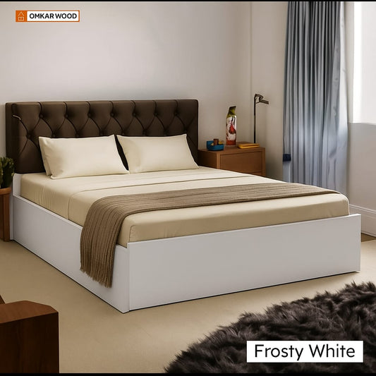 OmkarWood Premium Queen Size Bed with Cushioned Headboard & Box Storage Frosty White