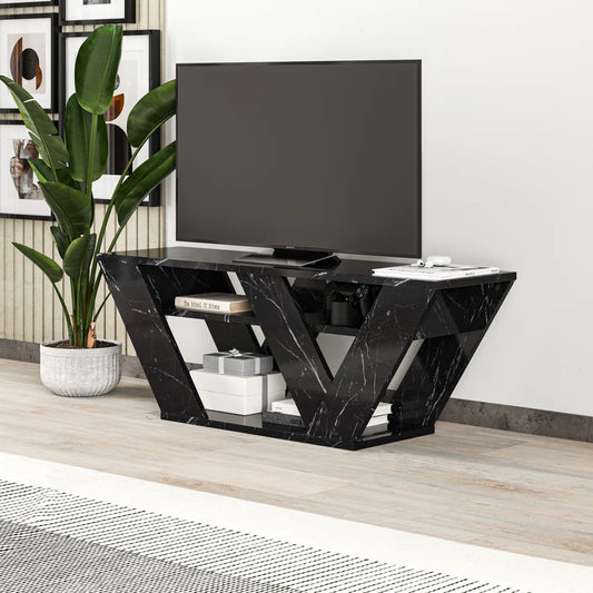 Omkarwood Kirstin 110 cm TV Unit – Marble Black Finish | Modern V-Leg Entertainment Stand