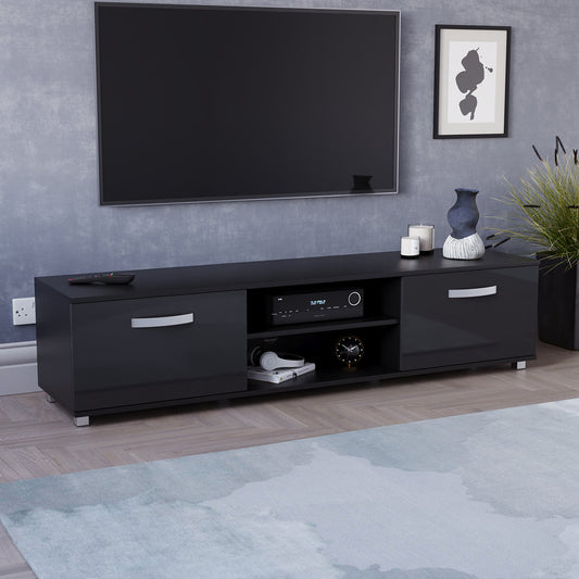 OmkarWood Premium High Gloss TV Unit – Engineered Wood Entertainment Console (Black Finish)