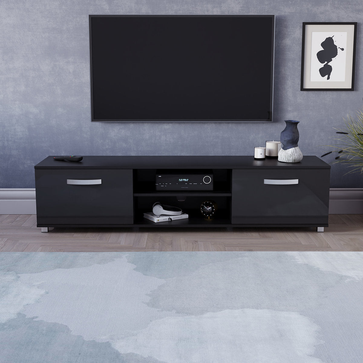 OmkarWood Premium High Gloss TV Unit – Engineered Wood Entertainment Console (Black Finish)