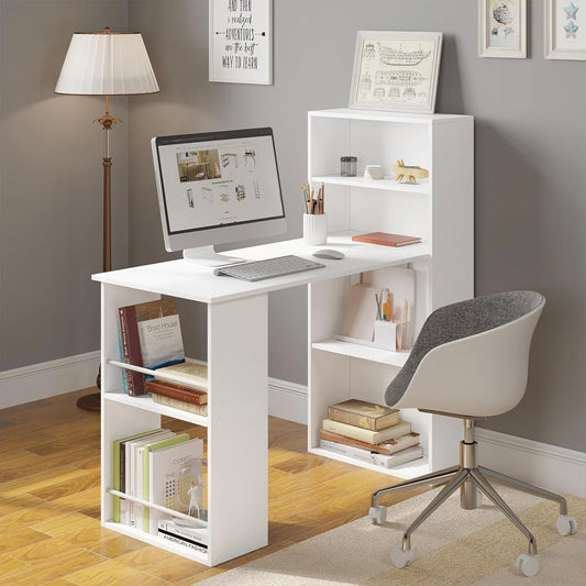 OmkarWood Nashira L-Shaped Study Desk with 4-Tier Bookshelf & Side Storage – 121 cm