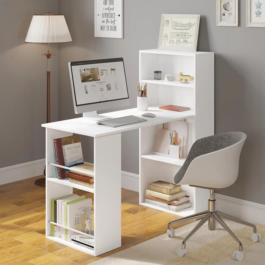 OmkarWood Nashira L-Shaped Study Desk with 4-Tier Bookshelf & Side Storage – 121 cm
