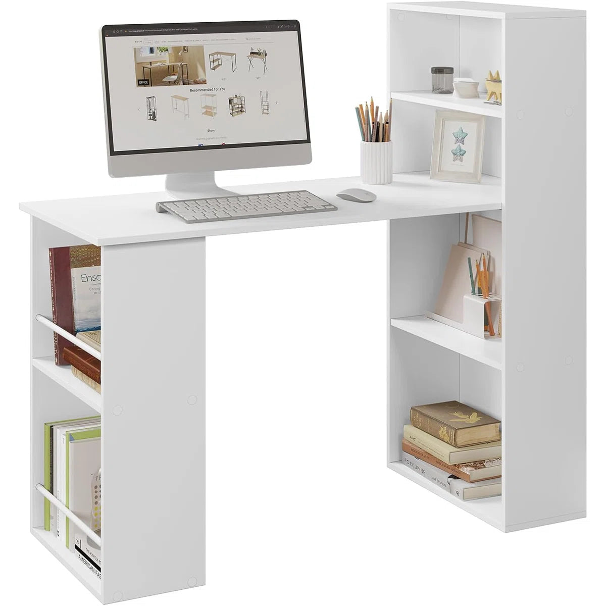 OmkarWood Nashira L-Shaped Study Desk with 4-Tier Bookshelf & Side Storage – 121 cm