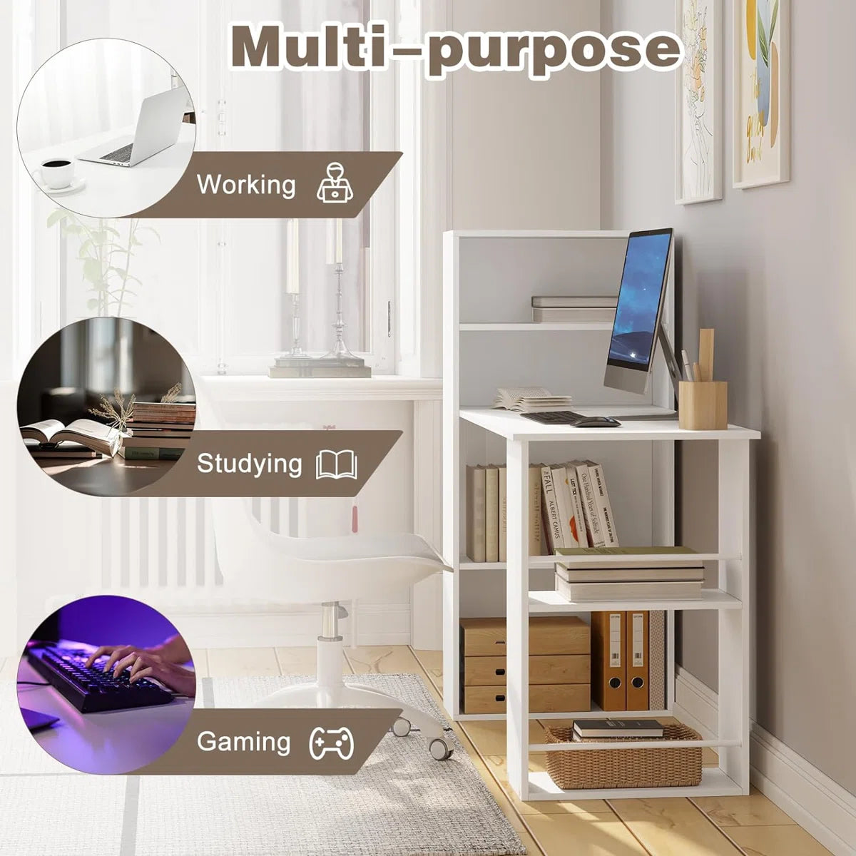 OmkarWood Nashira L-Shaped Study Desk with 4-Tier Bookshelf & Side Storage – 121 cm