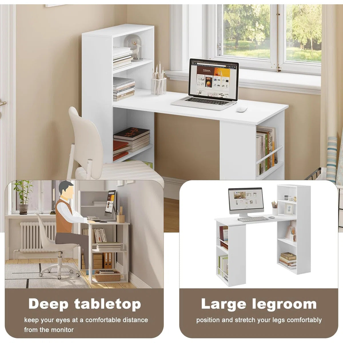 OmkarWood Nashira L-Shaped Study Desk with 4-Tier Bookshelf & Side Storage – 121 cm