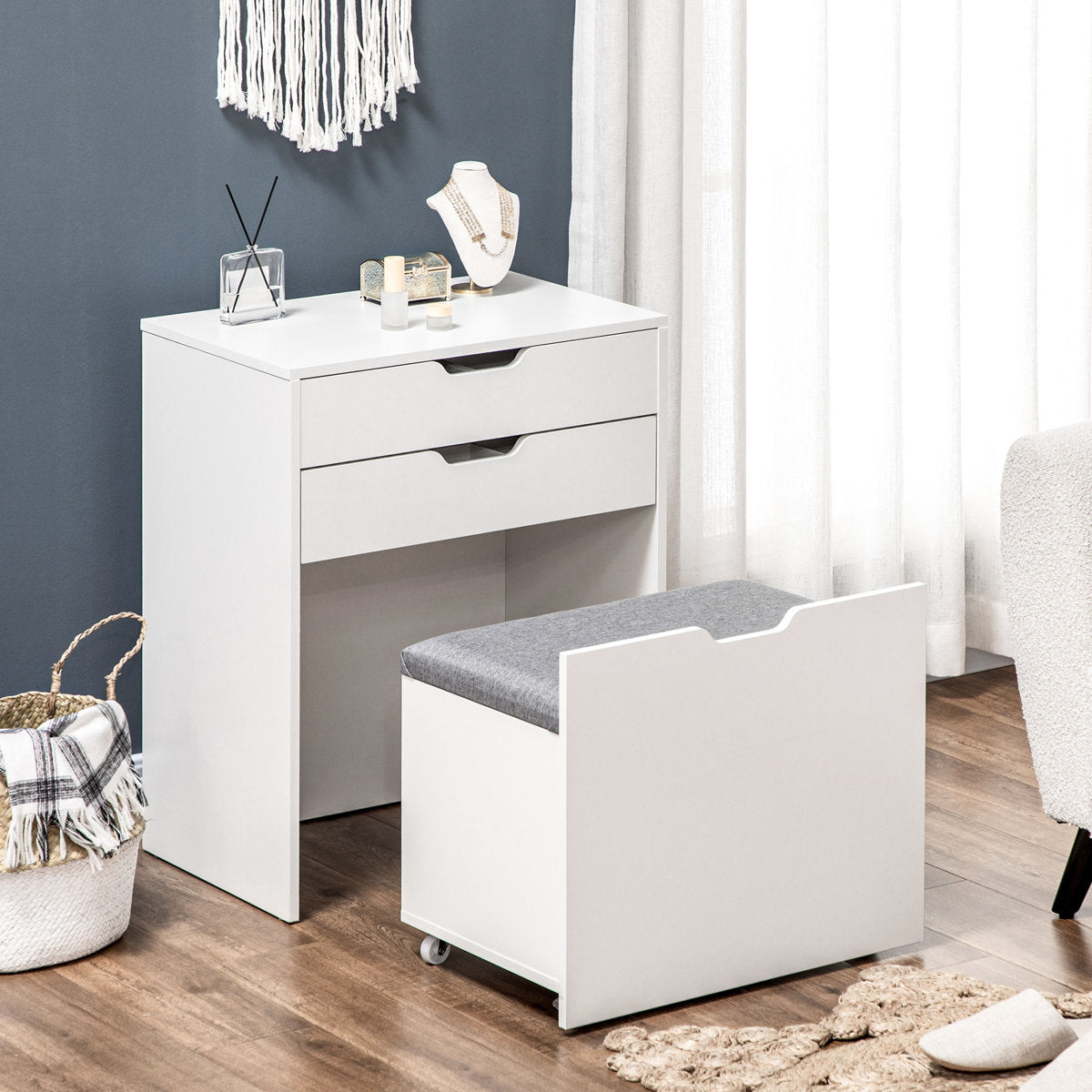 OmkarWood Compact Flip-Top Dressing Table with Cushioned Storage Stool – White Matte Finish