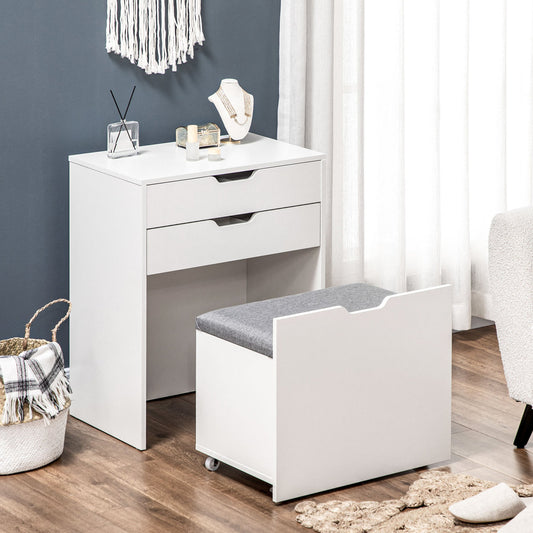 OmkarWood Compact Flip-Top Dressing Table with Cushioned Storage Stool – White Matte Finish