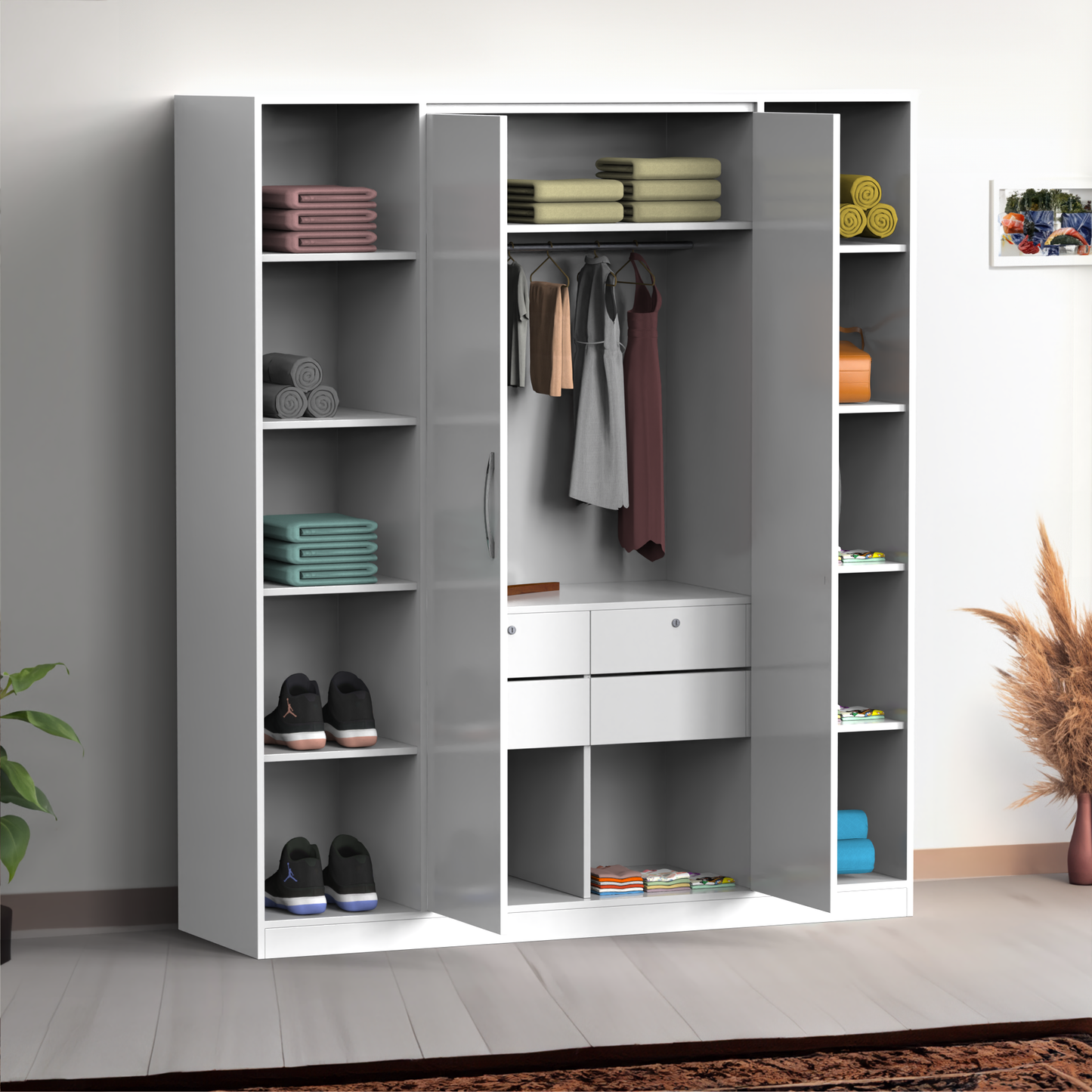 Modern 2-Door Wardrobe with Open Side Shelves & Drawer Storage (6x7 Feet)